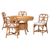 bali & pari Trenton 5-Piece Rattan Dining Set - Round Wicker Table with Scallop Edge and 4 Side Chairs, Handwoven Boho Coastal Style for Dining, Kitchen or Sun Room, Light Honey Baxton Studio restaurant furniture, hotel furniture, commercial furniture, wholesale dining room furniture, wholesale dining set, classic dining set